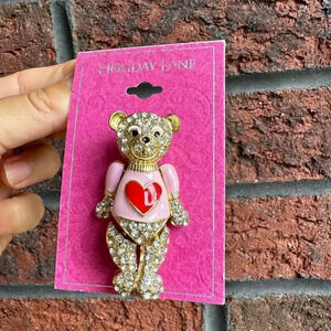 Pink Bear Heart Crystal Brooch